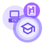 A graduation cap, computer, and ID card symbolizing higher education and digital learning.