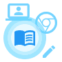 An open book, magnifying glass, and video call screen representing school education and learning tools.