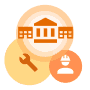 Government building with wrench and construction worker representing local government services.