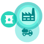 Factory symbol with oil barrel and delivery truck representing the manufacturing industry.