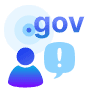 A person silhouette, .gov domain bubble, and exclamation mark symbolizing public and government services.