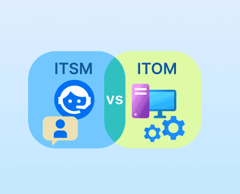 Comparison graphic of ITSM vs ITOM with icons showing customer support for ITSM and infrastructure management for ITOM.