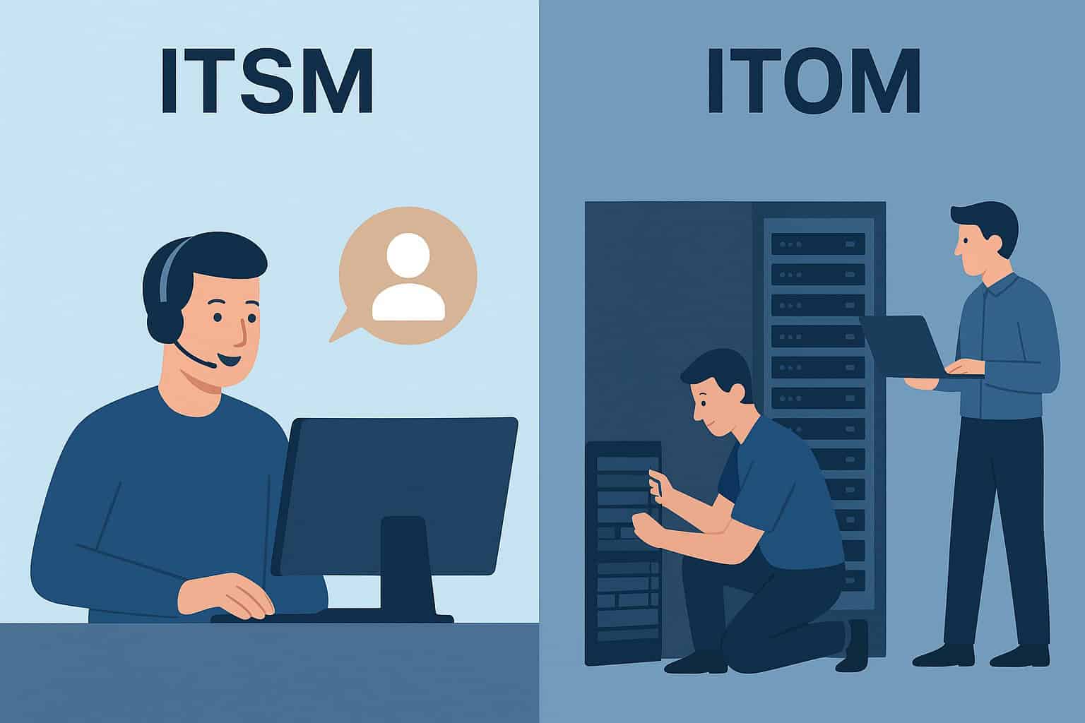 ITSM customer support representative with headset providing assistance; illustration of ITSM software benefits.