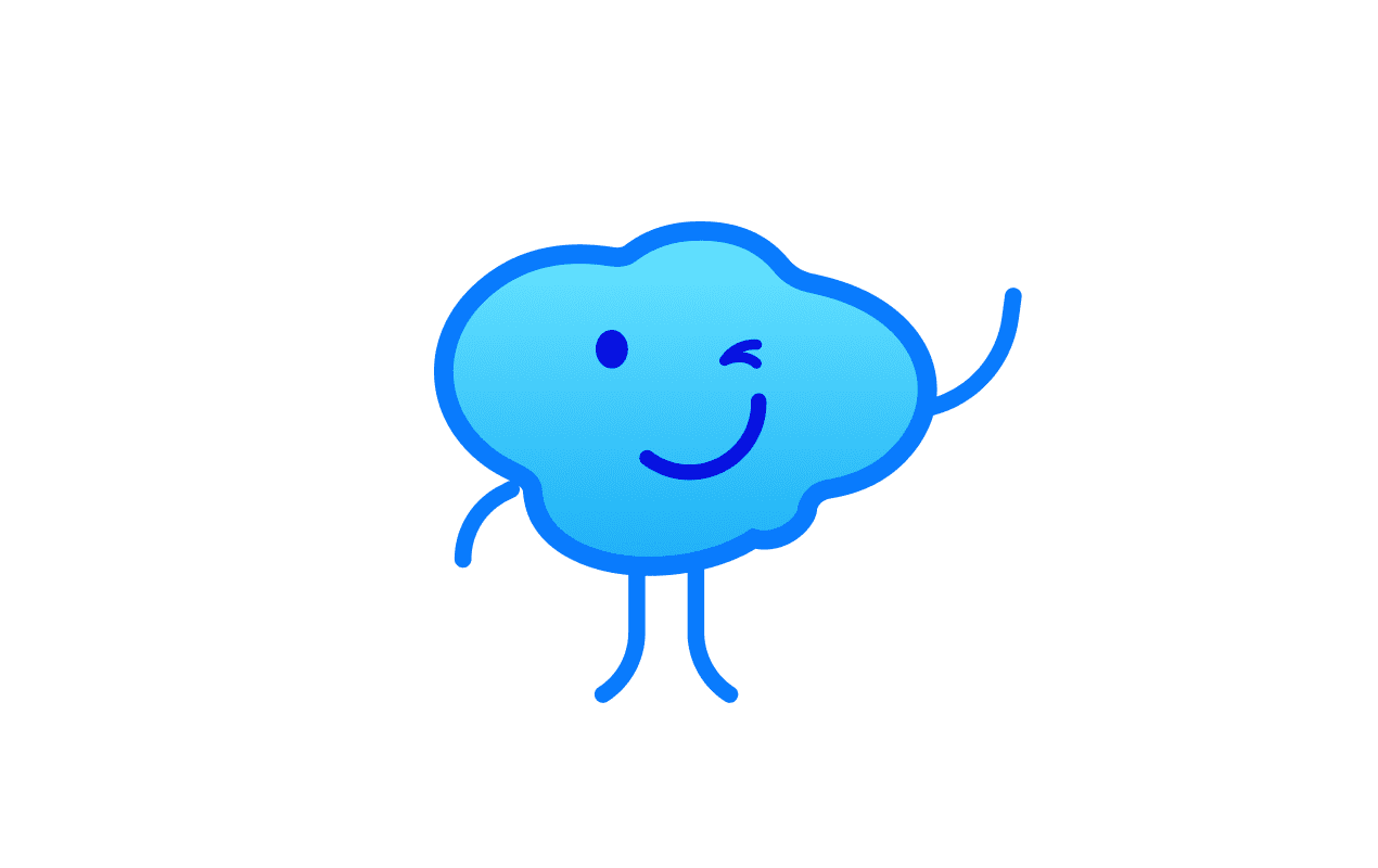 Cute blue cloud character with a smile, waving cheerfully on a transparent background, symbolising the benefits of cloud migration.
