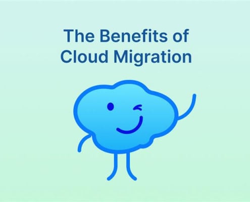 Smiling cloud character winking under the title 'The Benefits of Cloud Migration' on a gradient background.