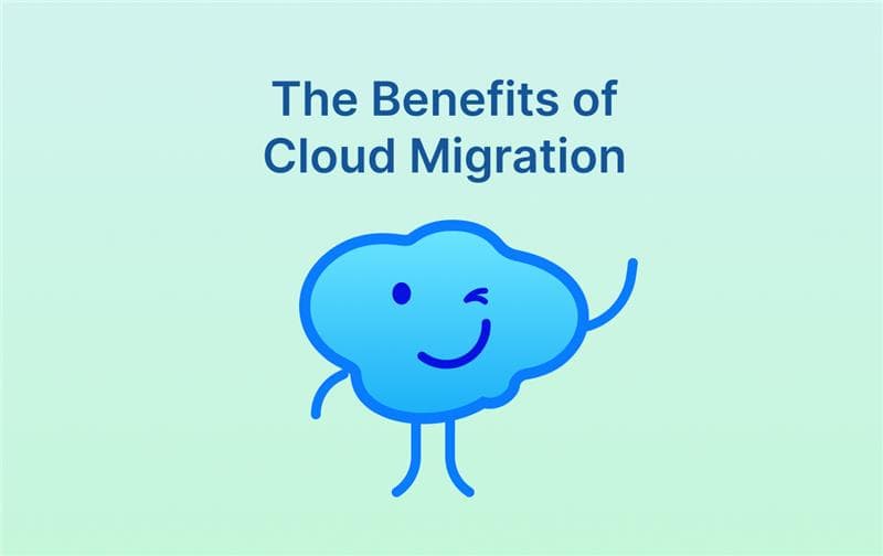 Smiling cloud character winking under the title 'The Benefits of Cloud Migration' on a gradient background.