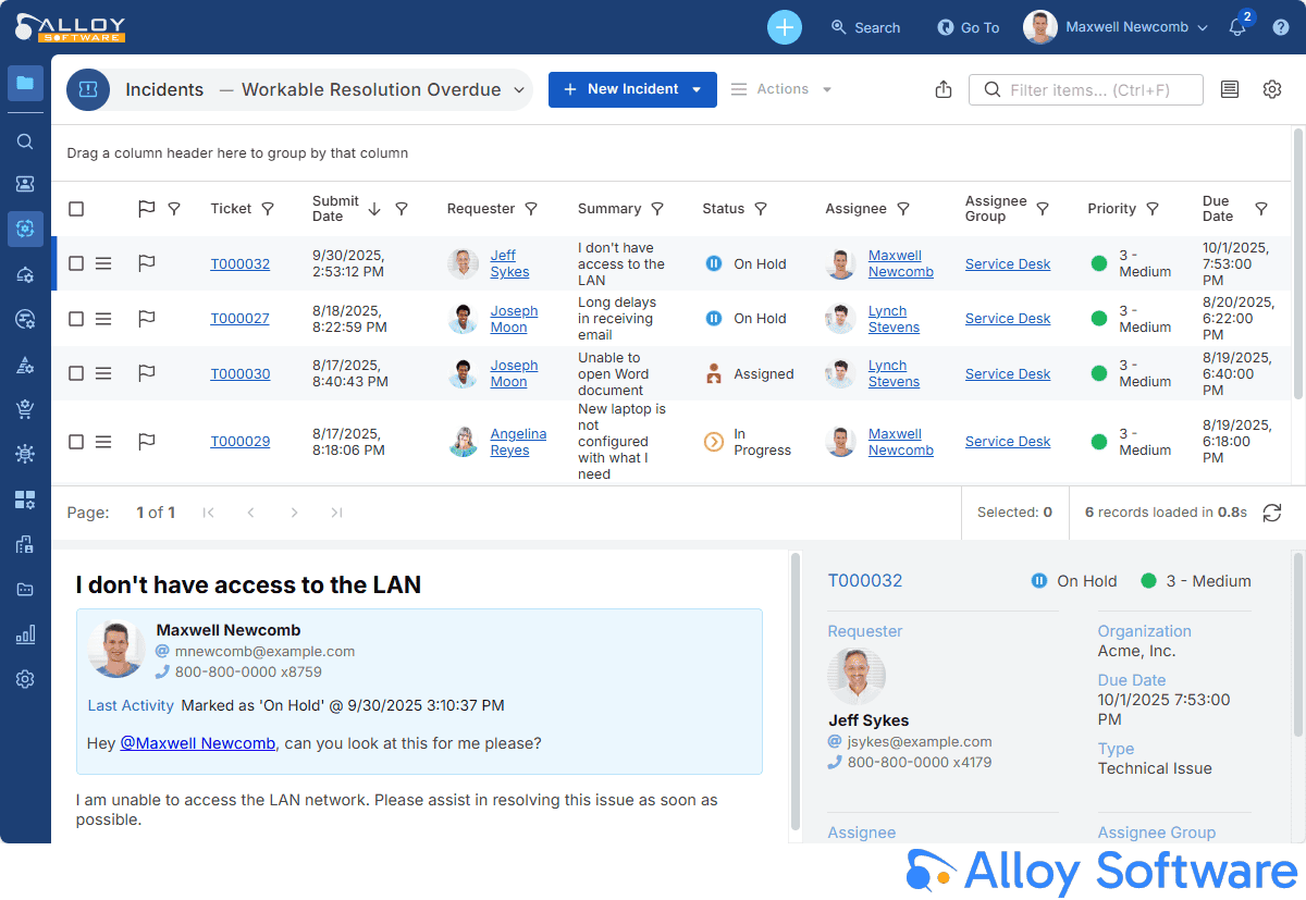 T000032 incident management software screenshot showing IT ticket tracking and resolution with Alloy Software branding.