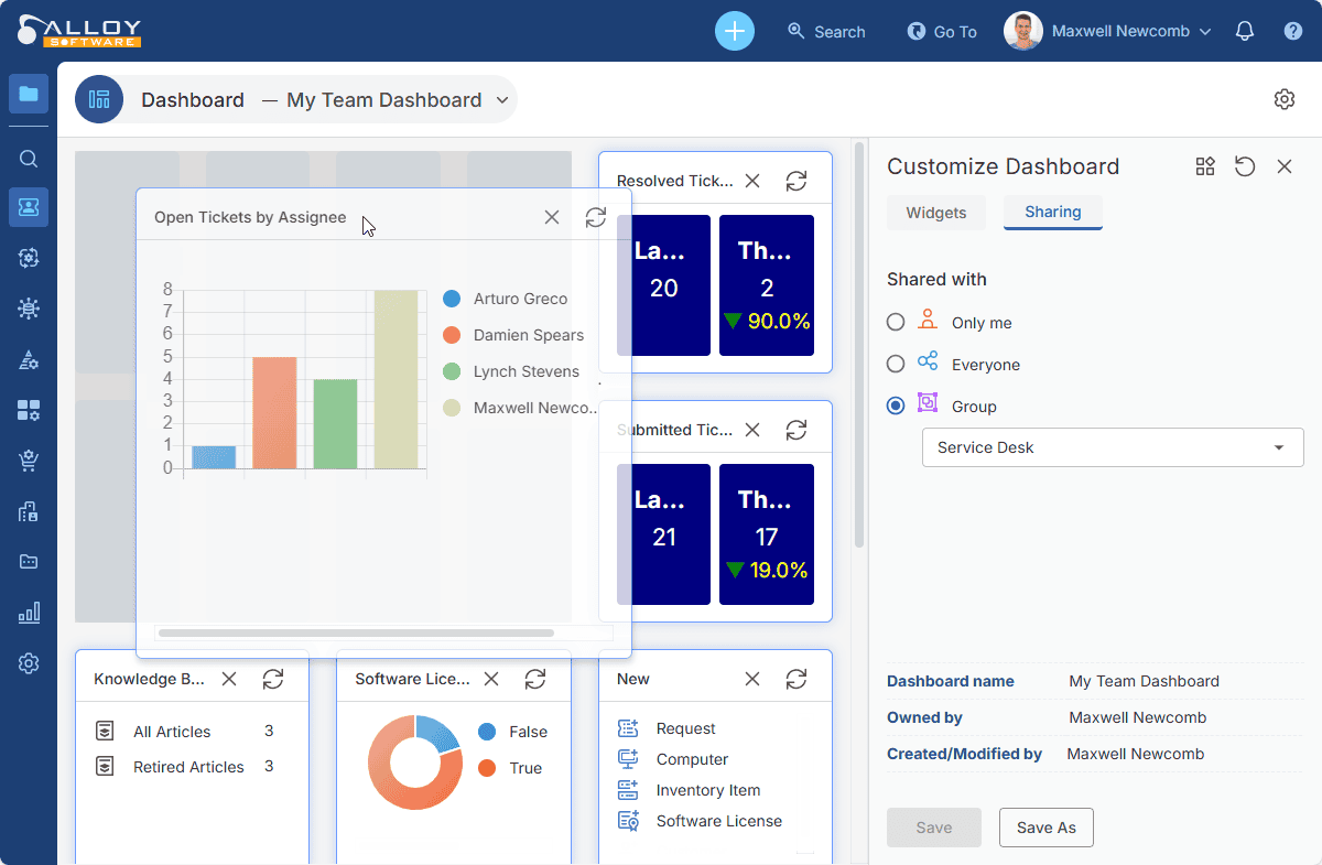 Open tickets dashboard interface showcasing task tracking and team collaboration tools in Alloy Software.