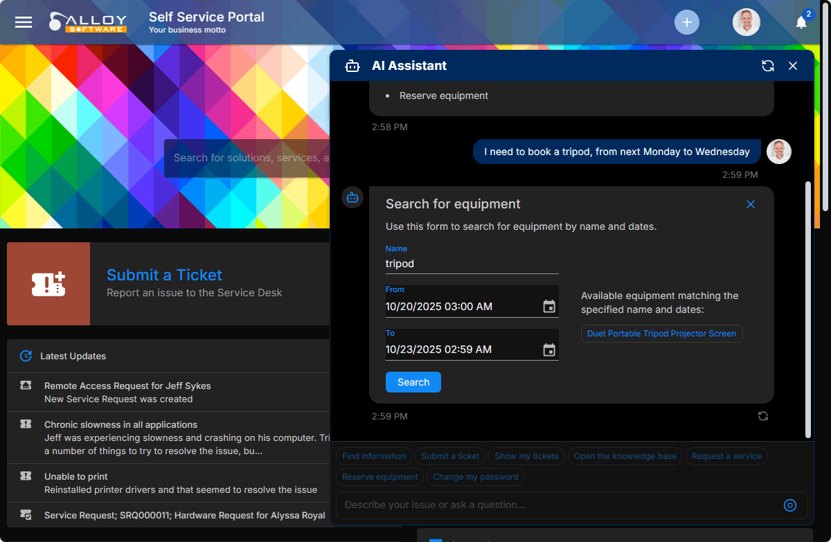 Equipment search interface for Alloy Software's IT asset management and service request platform, showcasing tools to book, search, and manage equipment.