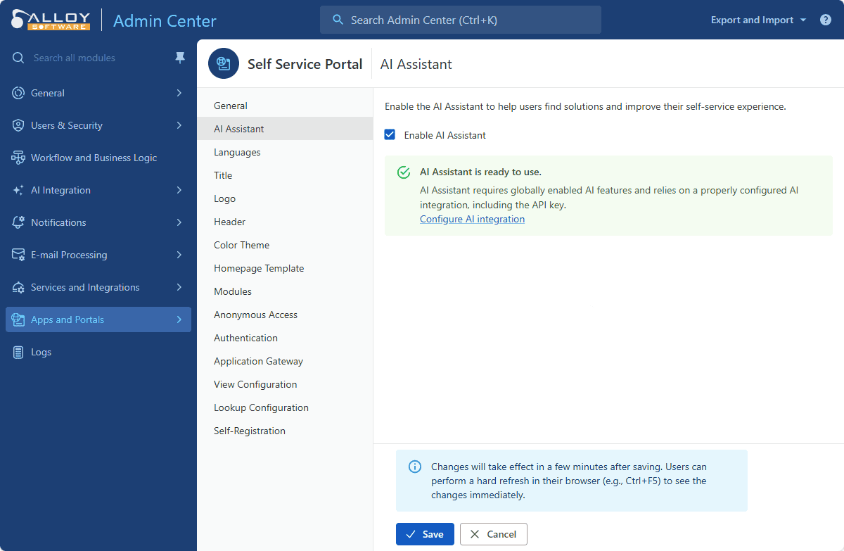 AI Assistant for Alloy Software's Admin Center enhances self-service experience through intelligent automation and seamless integration.