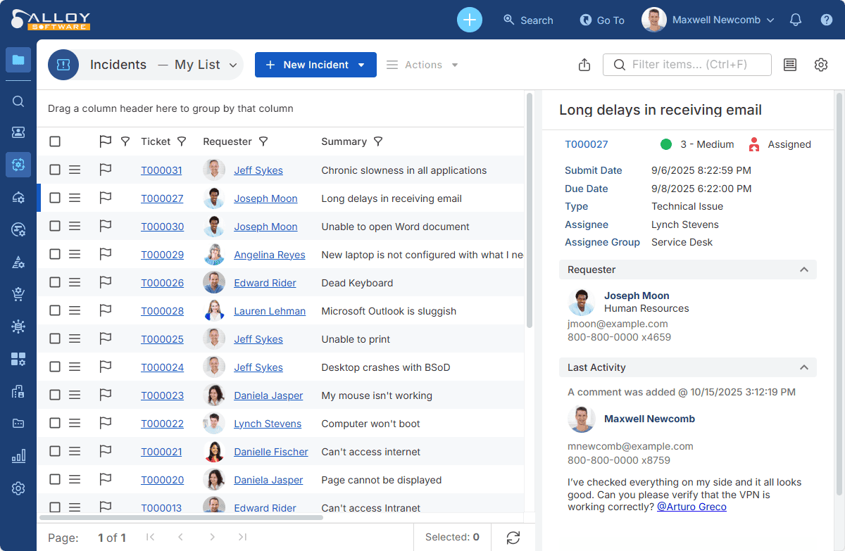 Alloy Software incident management platform for tracking and resolving technical support tickets, streamlining IT service workflows, and improving operational efficiency.