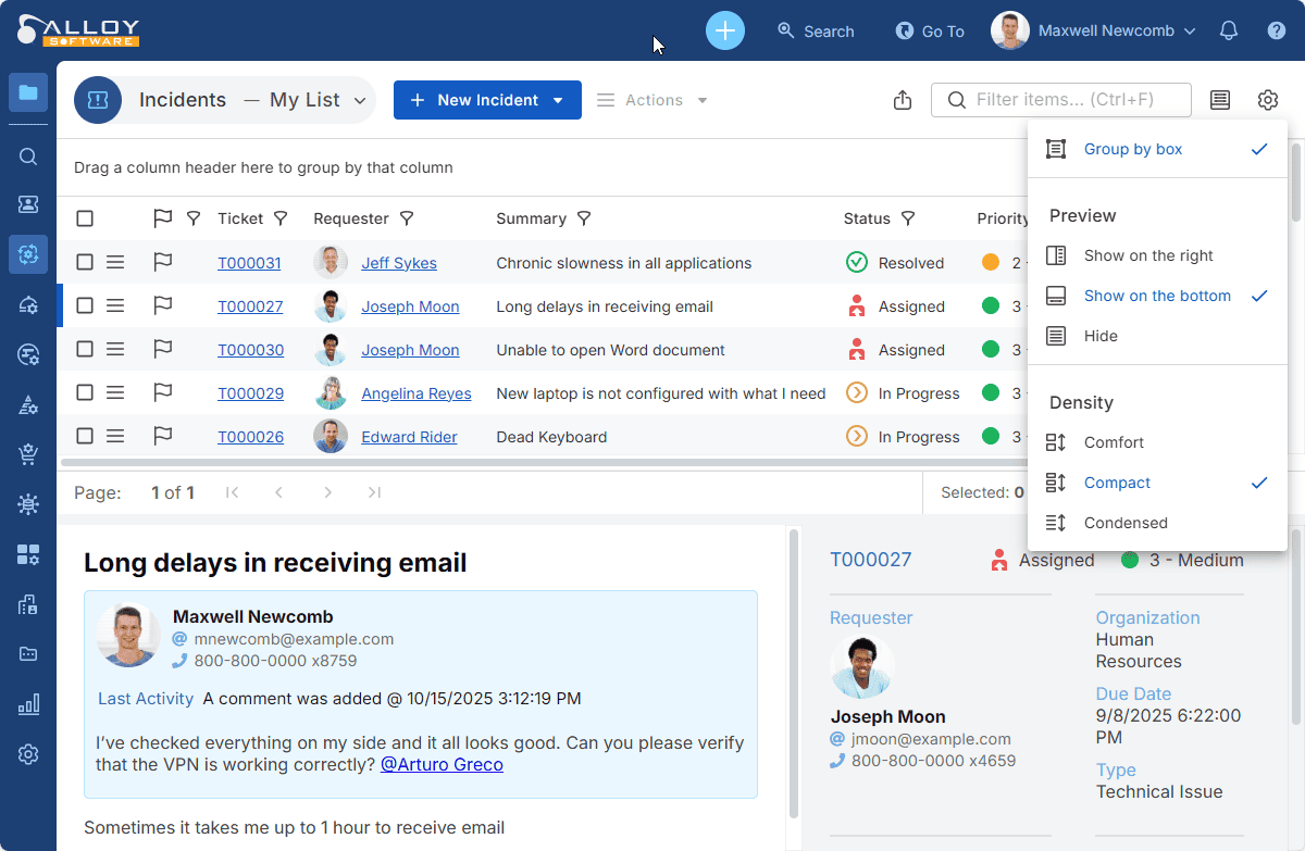 Alloy software incident management dashboard screenshot with ticket list and user activity monitoring features for business process automation.