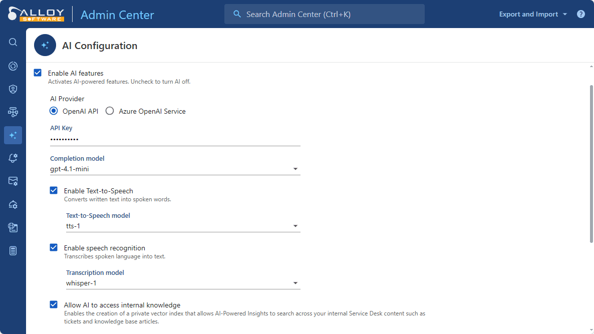 AI configuration screen of Alloy Software's Admin Center with AI features enabled for enhanced service desk automation and AI-powered insights.