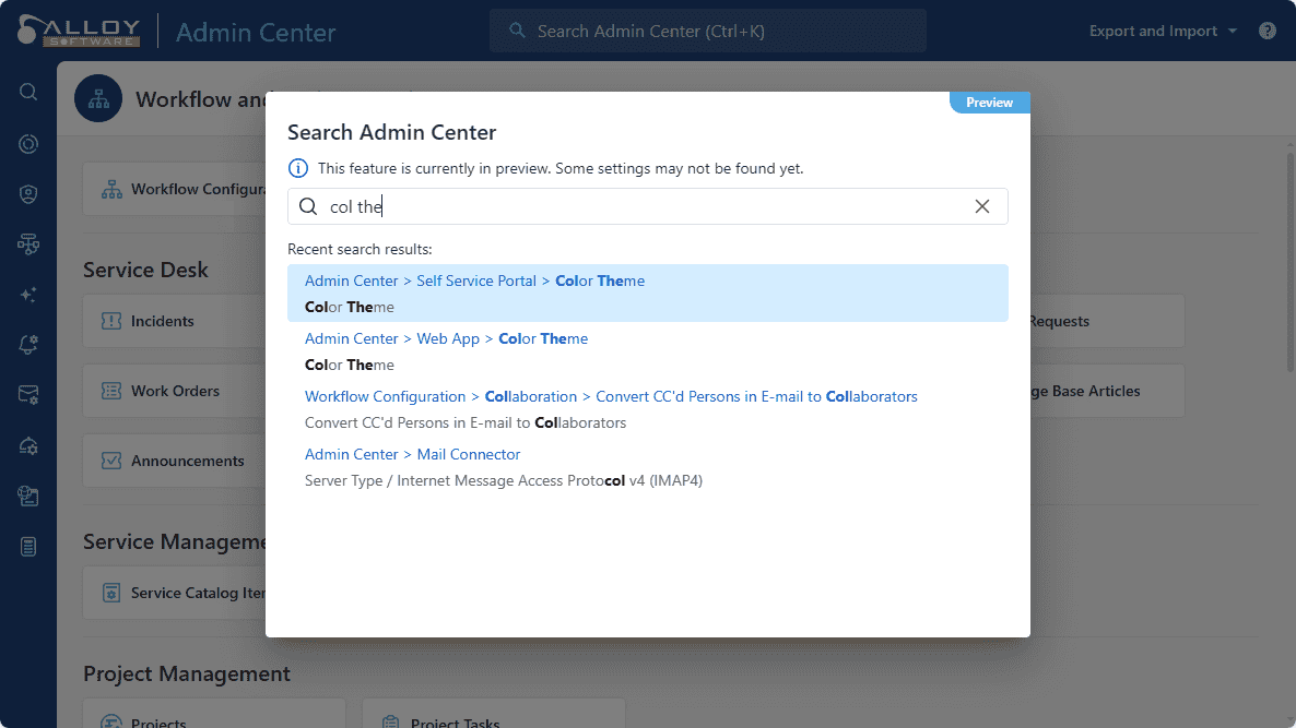 Color theme selection in Alloy Software admin center for optimal workflow management.