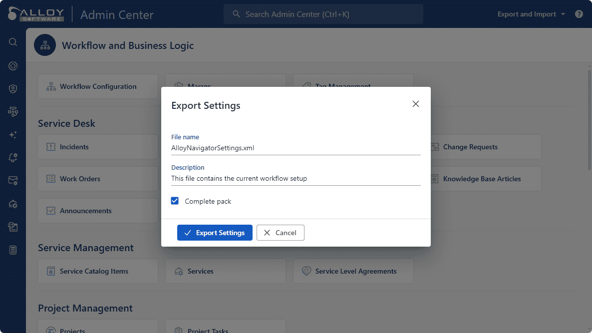 Export settings window for Alloy Software workflow and business logic management.