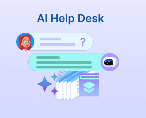 “AI Help Desk” title with a chat between a woman and robot assistant on a pastel background.