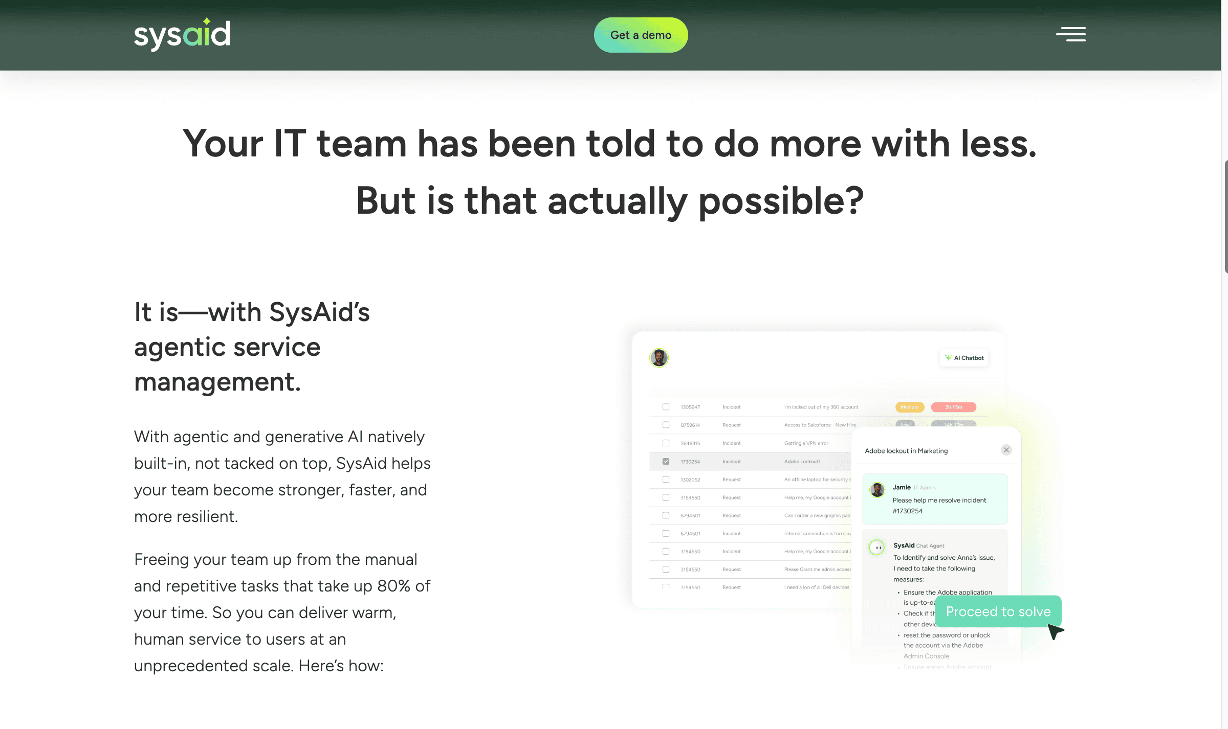 AI chatbot interface assisting IT support with automating incident resolution and managing service requests for enhanced efficiency.