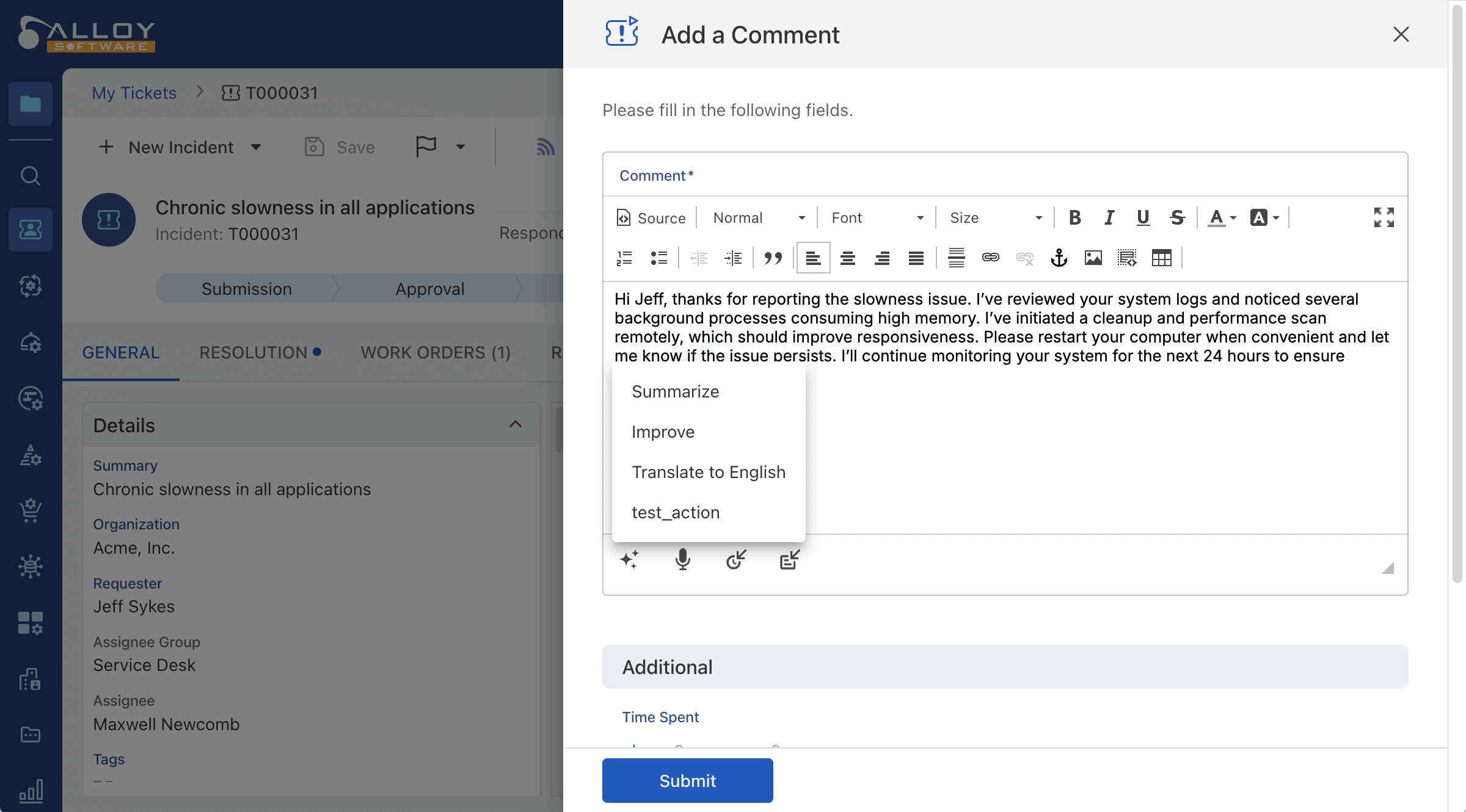Alloy Software ticket screen showing AI writing tools like Summarize and Improve in a comment box.