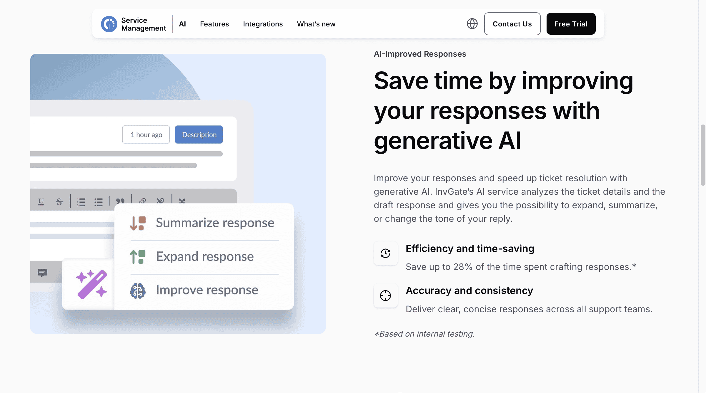 InvGate Service Management site showing AI options to summarize, expand, or improve responses.