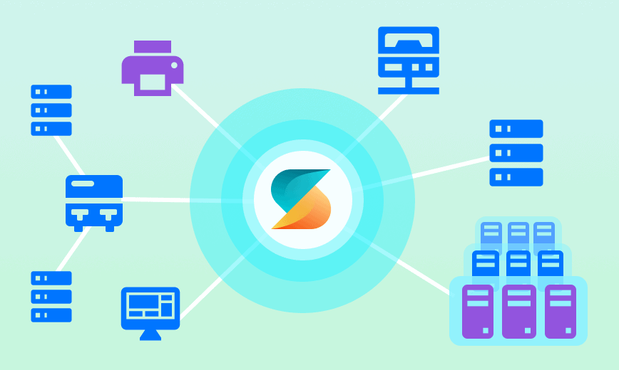 asset-visibility Central logo connected to servers, computers, and printers symbolizing IT network integration.