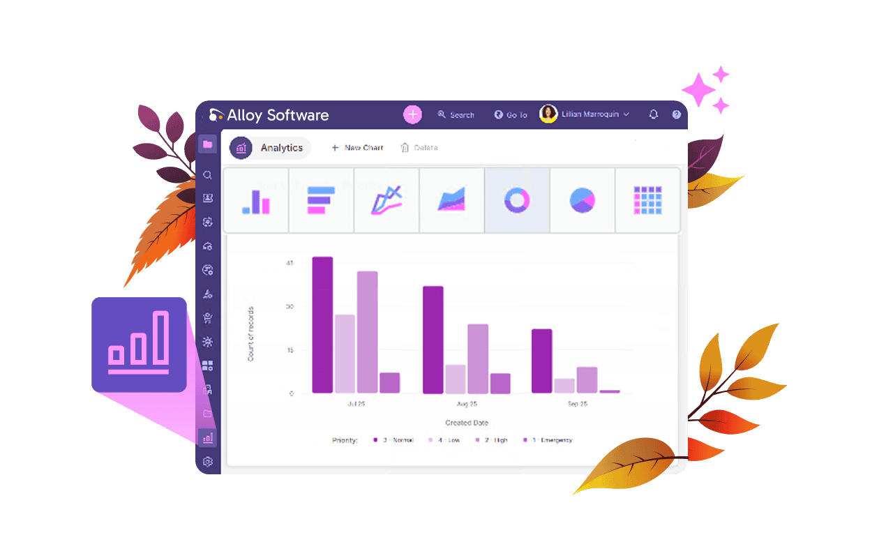 Alloy Software analytics dashboard preview surrounded by autumn leaves for the 2025 Fall Release.