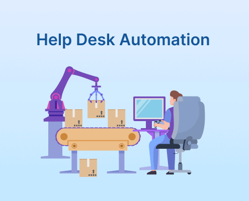 Help desk automation concept showing a robotic arm handling boxes while a technician monitors tasks on a computer.