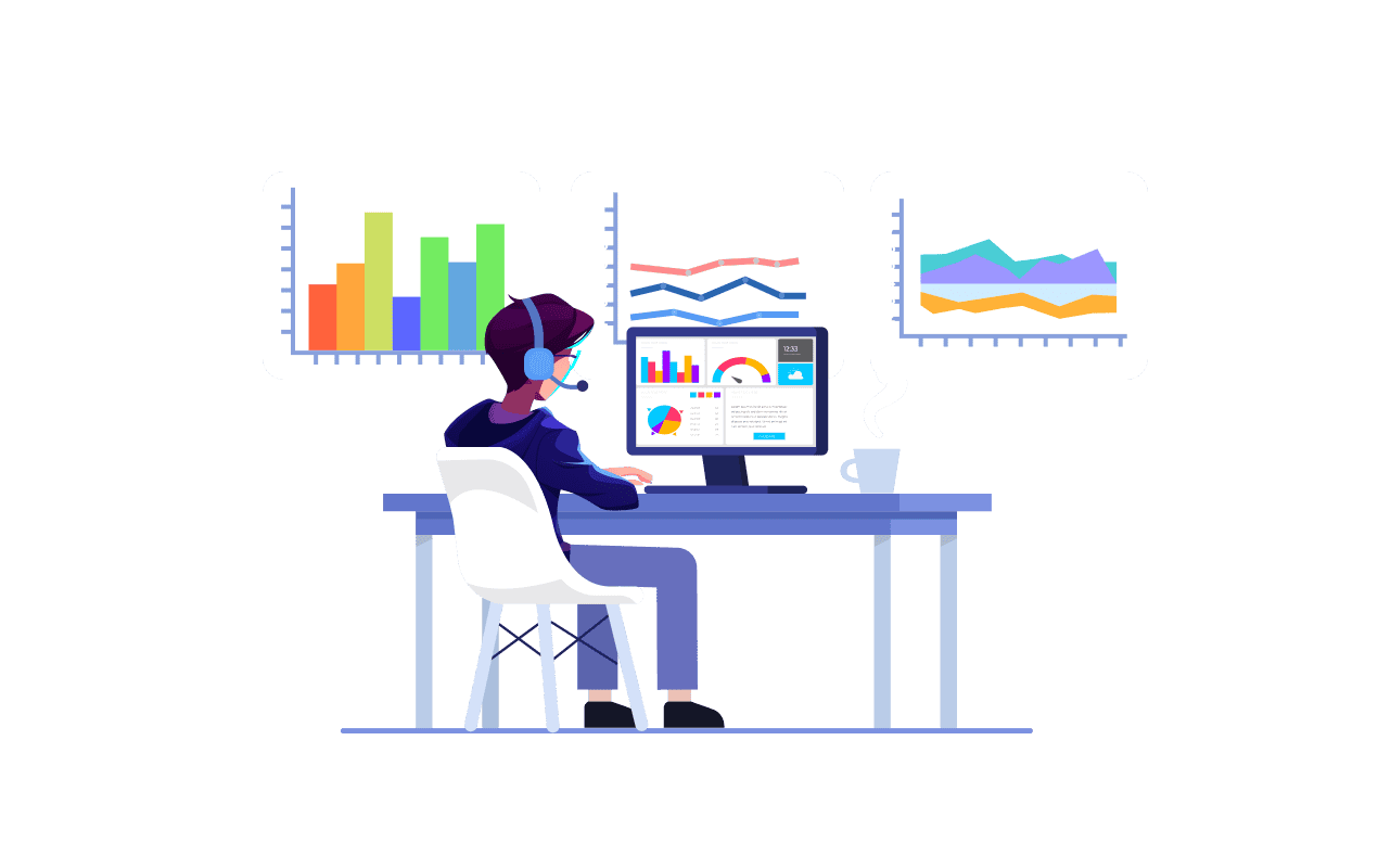 High-tech analyst monitoring multiple data charts on a computer with graphs and analytics dashboards, representing workforce management, project tracking, and productivity analytics.