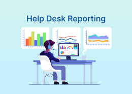 Person with headset at desk analyzing colorful charts and graphs on multiple monitors, titled “Help Desk Reporting.”