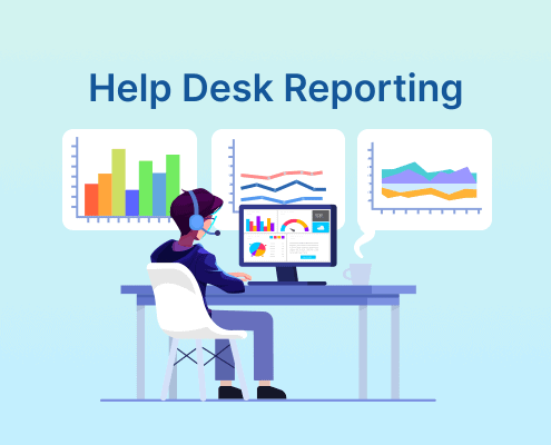 Person with headset at desk analyzing colorful charts and graphs on multiple monitors, titled “Help Desk Reporting.”