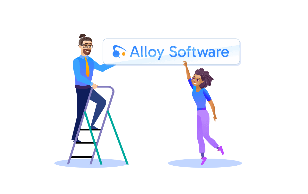 Illustration announcing Alloy Software’s new logo, with two people holding up the logo sign.