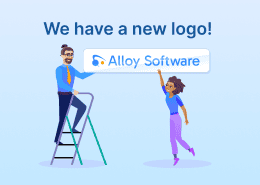 Illustration of two people installing an Alloy Software logo sign together.