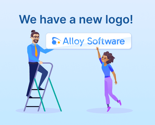 Illustration of two people installing an Alloy Software logo sign together.