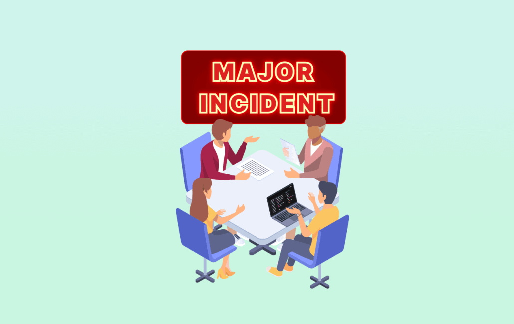 Illustration of a team around a table under a red “Major Incident” sign.