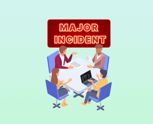 Illustration of a team around a table under a red “Major Incident” sign.