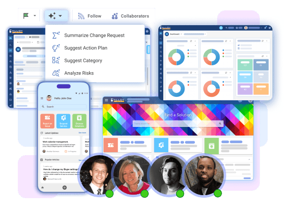 who-is-behind-alloy Alloy Software interface showing dashboards, mobile app, AI tools, and team collaboration for IT service management.