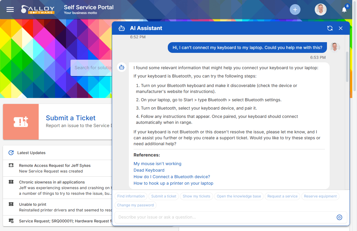 AI Assistant in Alloy Navigator's self-service portal answers a user’s question about connecting a keyboard, showing troubleshooting steps and related knowledge links.