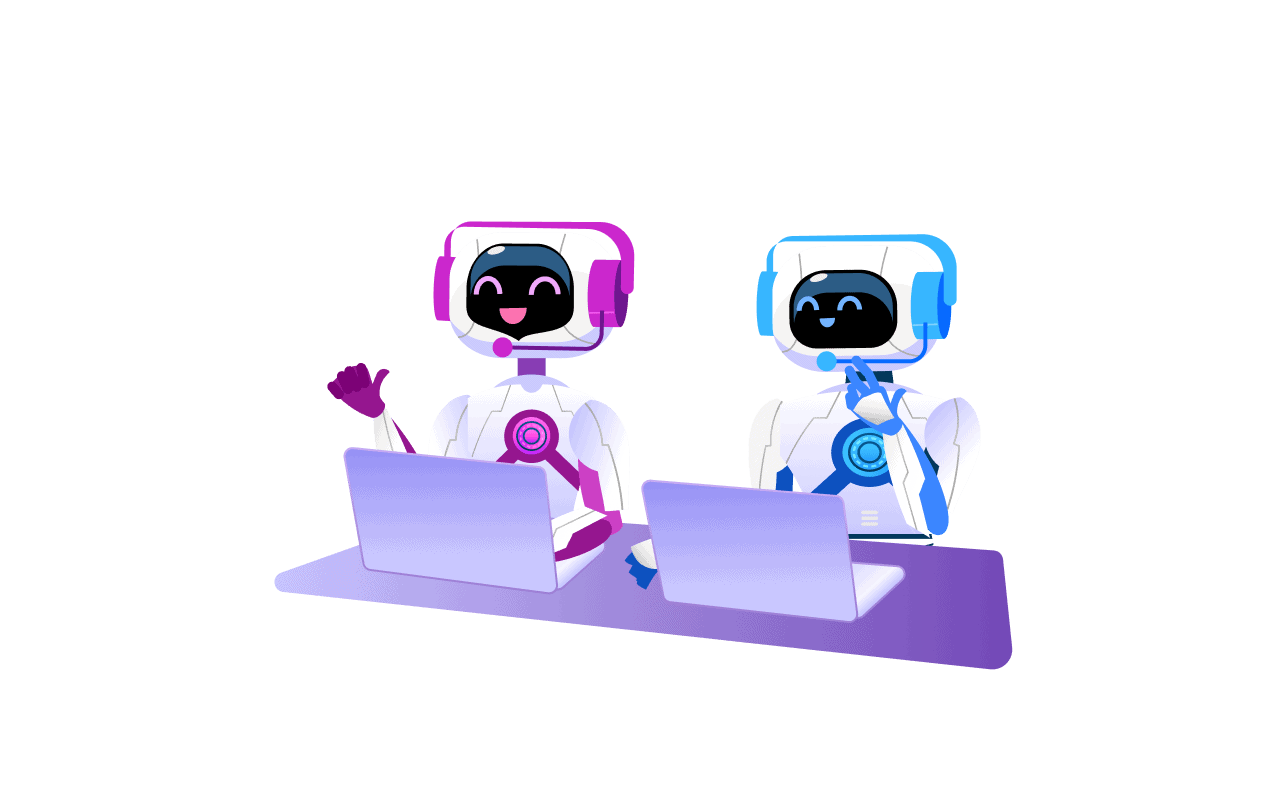 Two cheerful robots with pink and blue accents working on laptops at a shared desk, representing collaboration and automation in IT tasks.