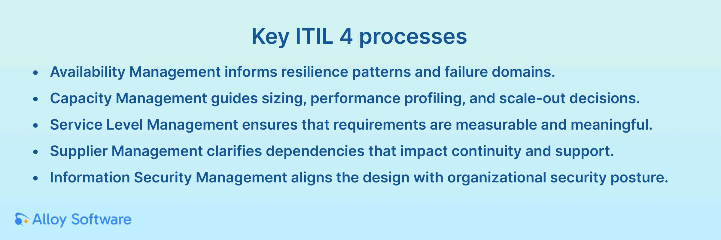 Slide titled “Key ITIL 4 processes” listing availability, capacity, service level, supplier, and info security management bullets.