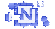 Blue puzzle pieces forming a stylized letter “N” logo, with a few pieces scattered around the edges on a white background.