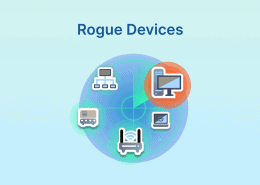 “Rogue Devices” title above a blue radar circle with network device icons (PC, router, laptop), one highlighted in orange on light background.