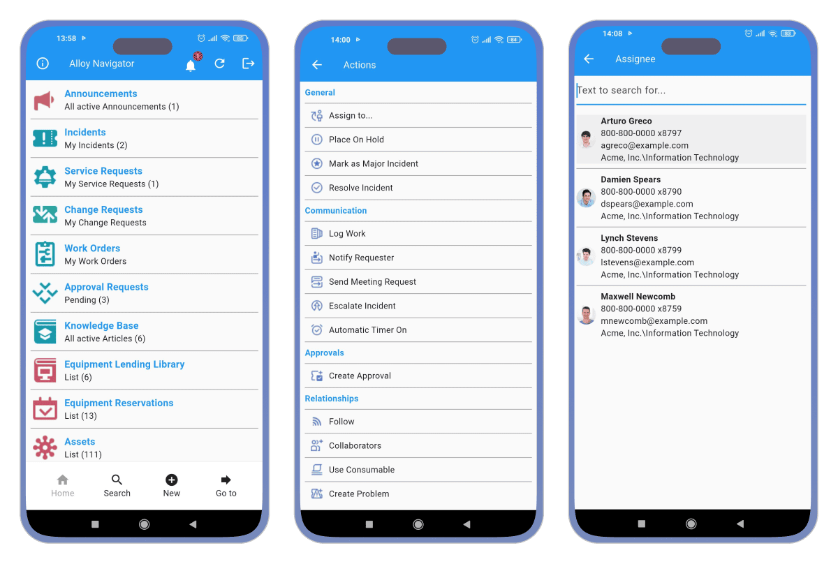 Three Alloy Navigator app screens showing menu list, actions page, and assignee search results.