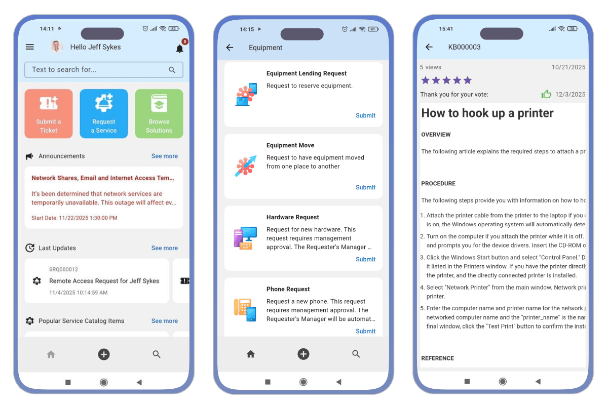 Three Alloy Self-Service app screens showing home dashboard, equipment requests list, and a help article page.