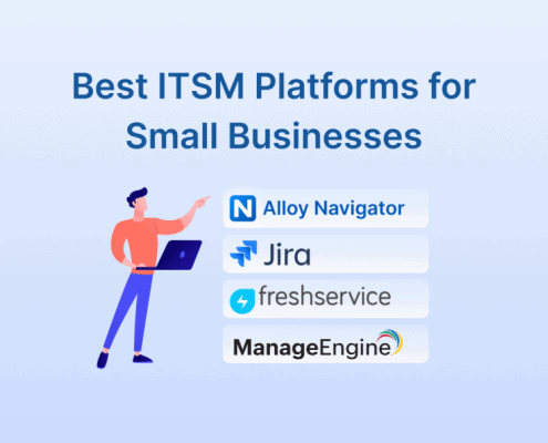 Illustration titled “Best ITSM Platforms for Small Businesses” showing a person pointing to a list: Alloy Navigator, Jira, Freshservice, and ManageEngine.