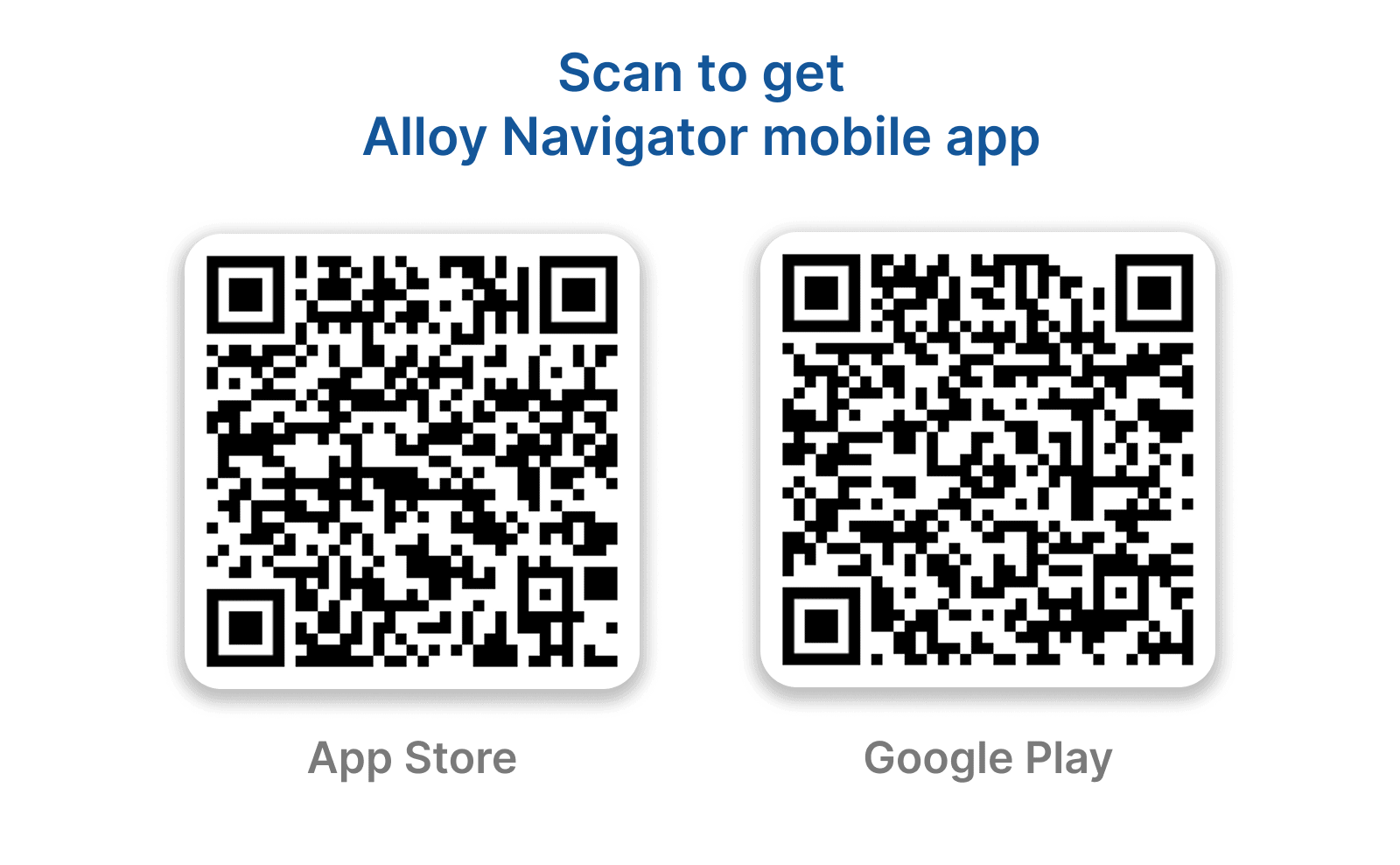 Two QR codes side by side for downloading the Alloy Self-Service mobile app, labeled App Store and Google Play, under a bold title.