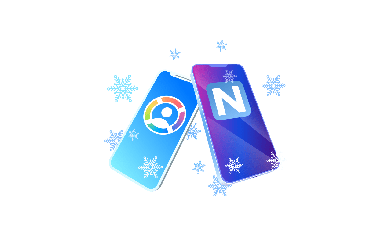 Two overlapping phones with Alloy app icons and scattered snowflakes on a transparent background.