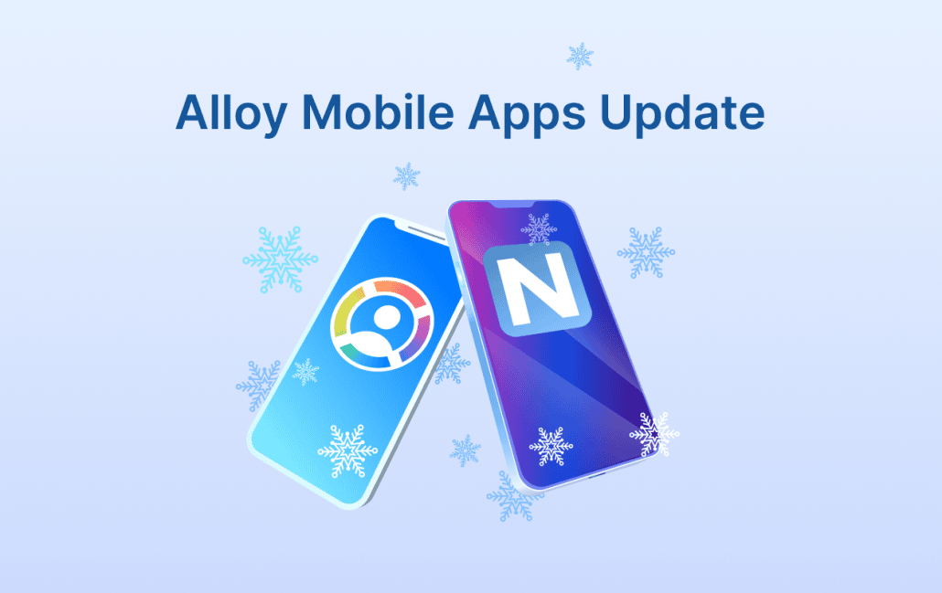 Banner reading ‘Alloy Mobile Apps Update’ with two overlapping phones and blue snowflake icons on a light background.