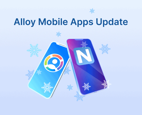 Banner reading ‘Alloy Mobile Apps Update’ with two overlapping phones and blue snowflake icons on a light background.