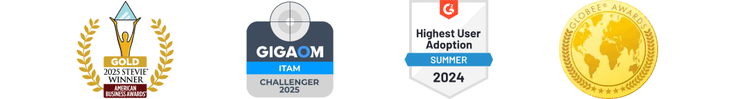 Four award badges: Gold Stevie Winner 2025, GigaOm ITAM Challenger 2025, Highest User Adoption Summer 2024, Globee Awards.