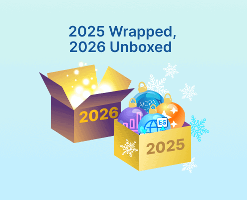 Graphic of two boxes labeled 2025 and 2026 with ornaments and icons, representing transition from past year to the next.