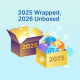 Graphic of two boxes labeled 2025 and 2026 with ornaments and icons, representing transition from past year to the next.